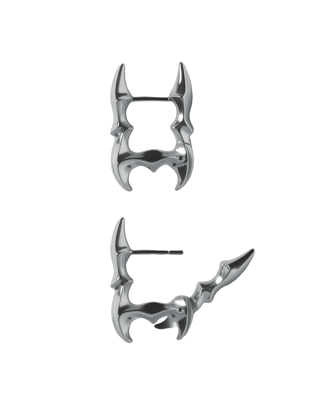 Obscure Spine Frame Edition earring shown in open position displaying the hinge and secure snap closure design.
